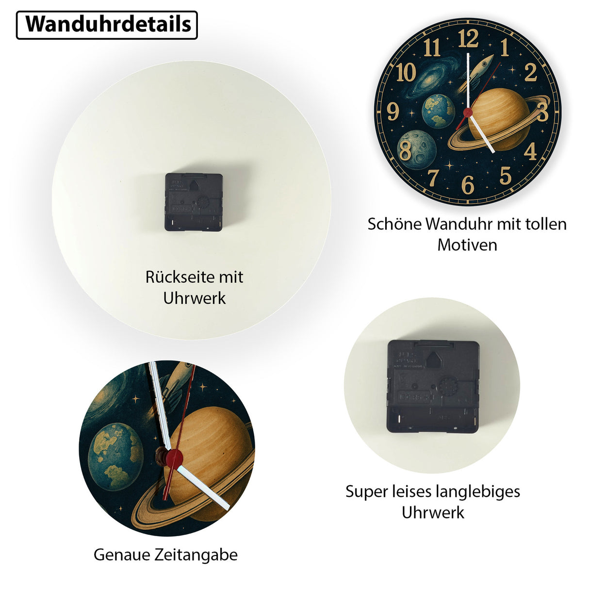 Sterne Weltraum Raketen Wanduhr mit Planeten Motiv