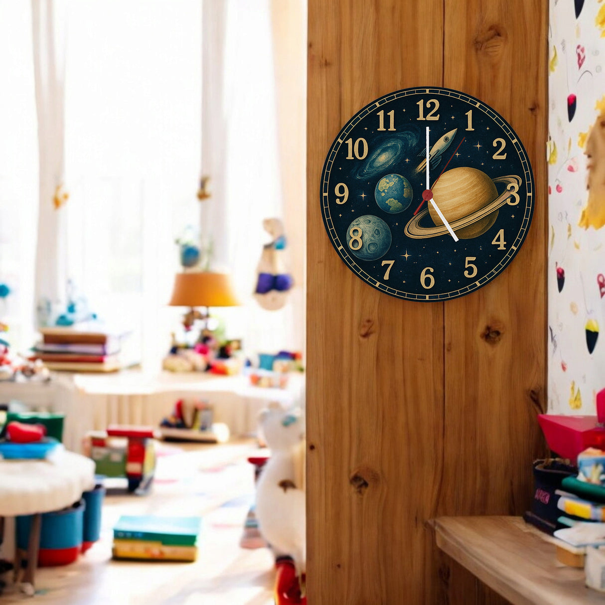 Sterne Weltraum Raketen Wanduhr mit Planeten Motiv