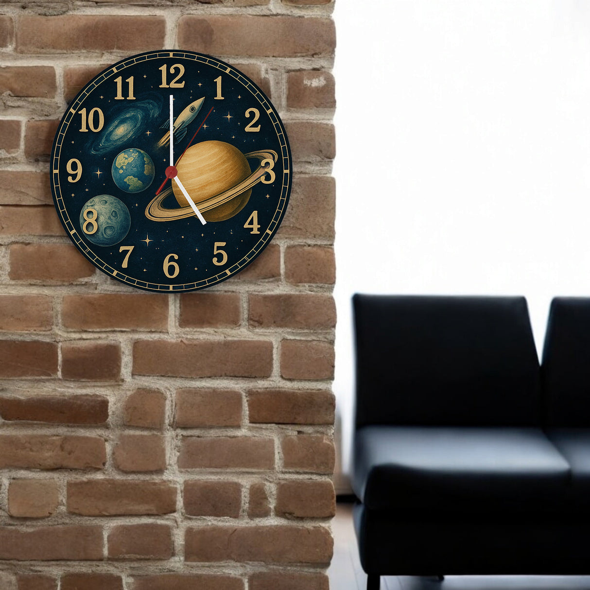 Sterne Weltraum Raketen Wanduhr mit Planeten Motiv