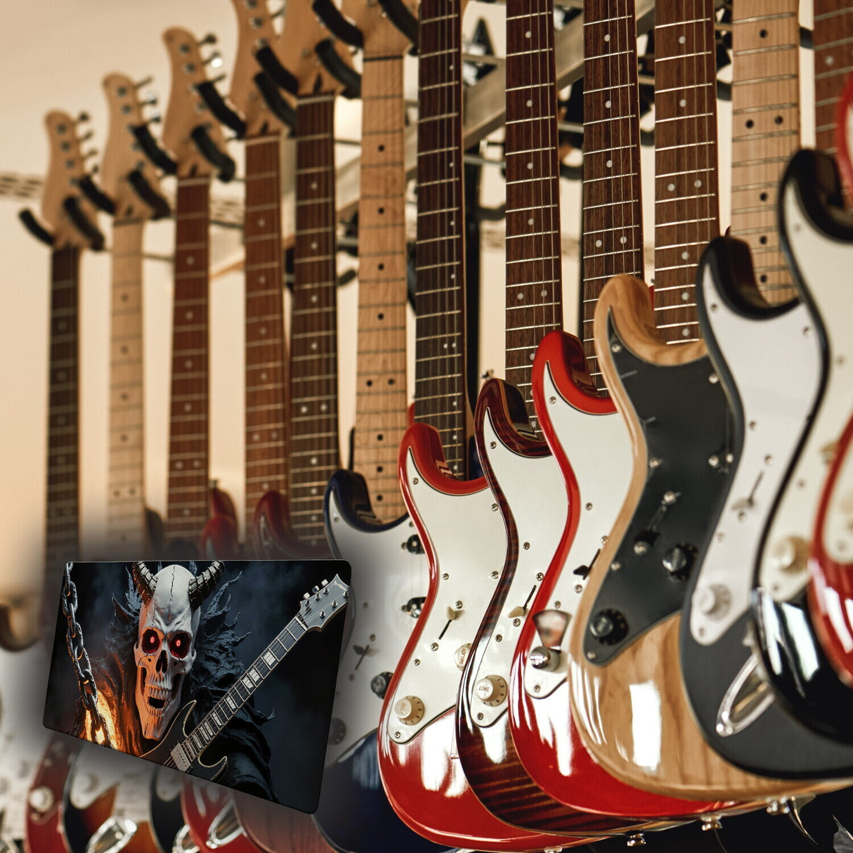 dämonischer Schädel mit E-Gitarre Schreibtischunterlage 69x31cm XXL Mauspad für Metal-Fans