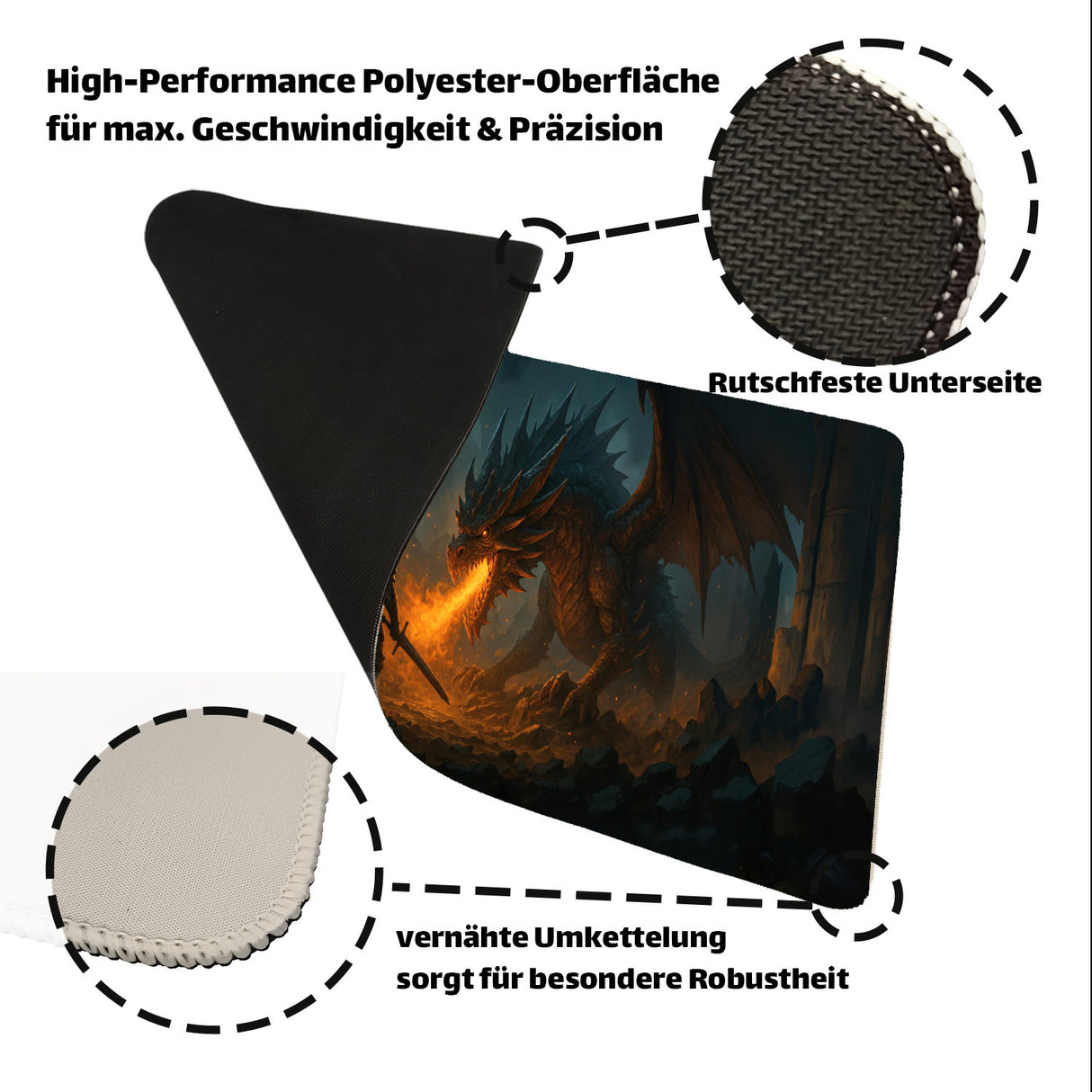 Drachen Ritter Kampf Schreibtischunterlage 69x31cm XXL Mauspad