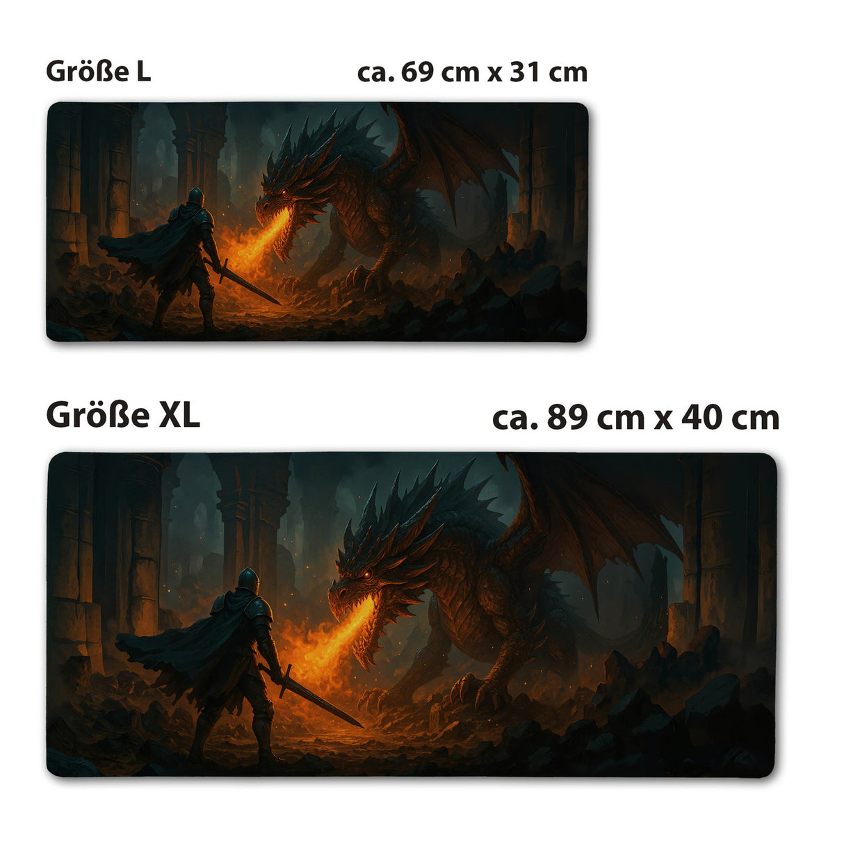 Drachen Ritter Kampf Schreibtischunterlage 69x31cm XXL Mauspad