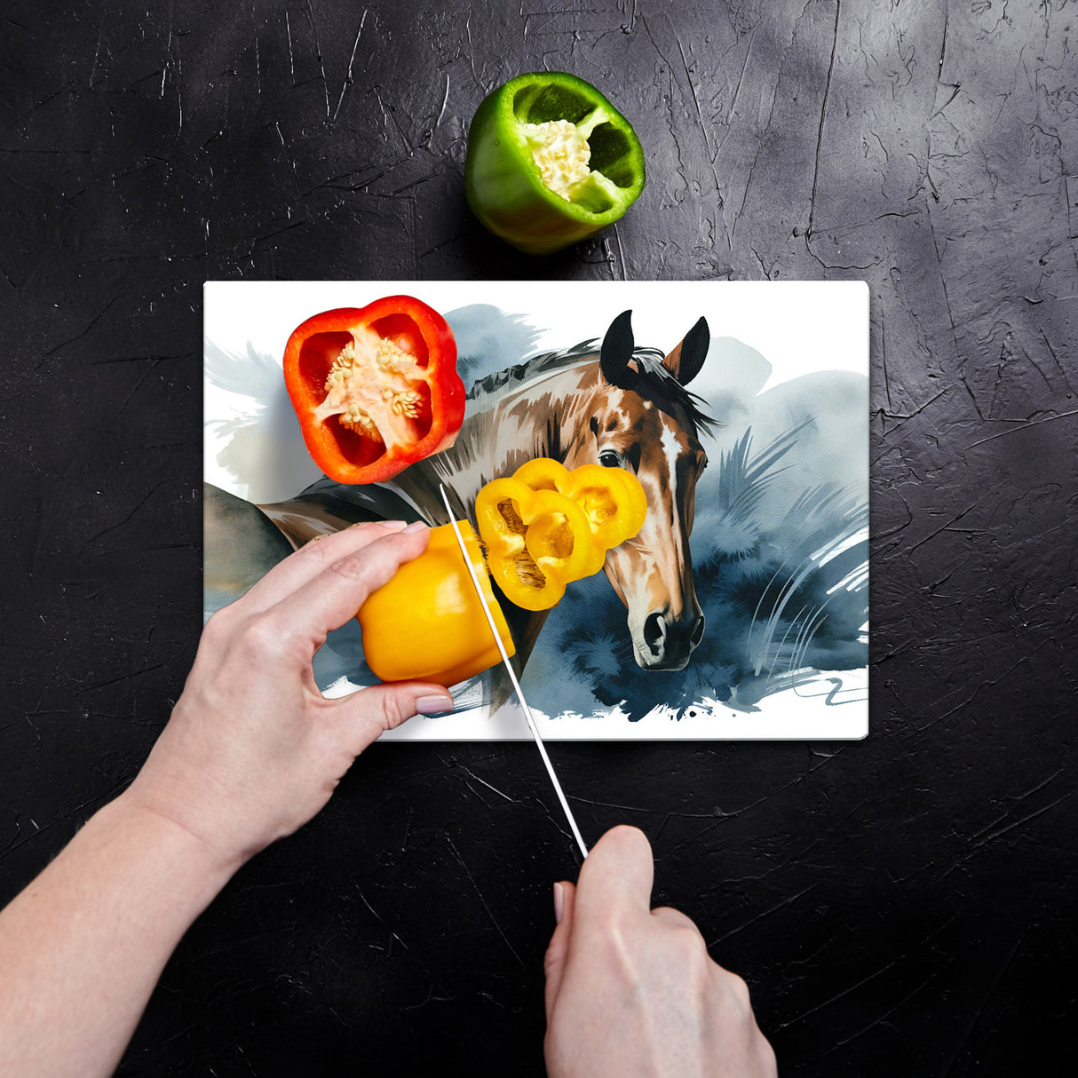 Pferdekopf Aquarell Schneidebrett aus Glas für Pferdefans