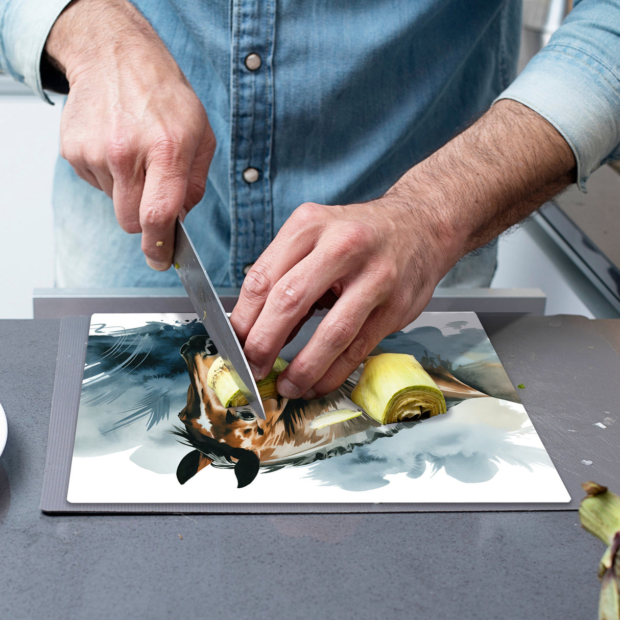 Pferdekopf Aquarell Schneidebrett aus Glas für Pferdefans