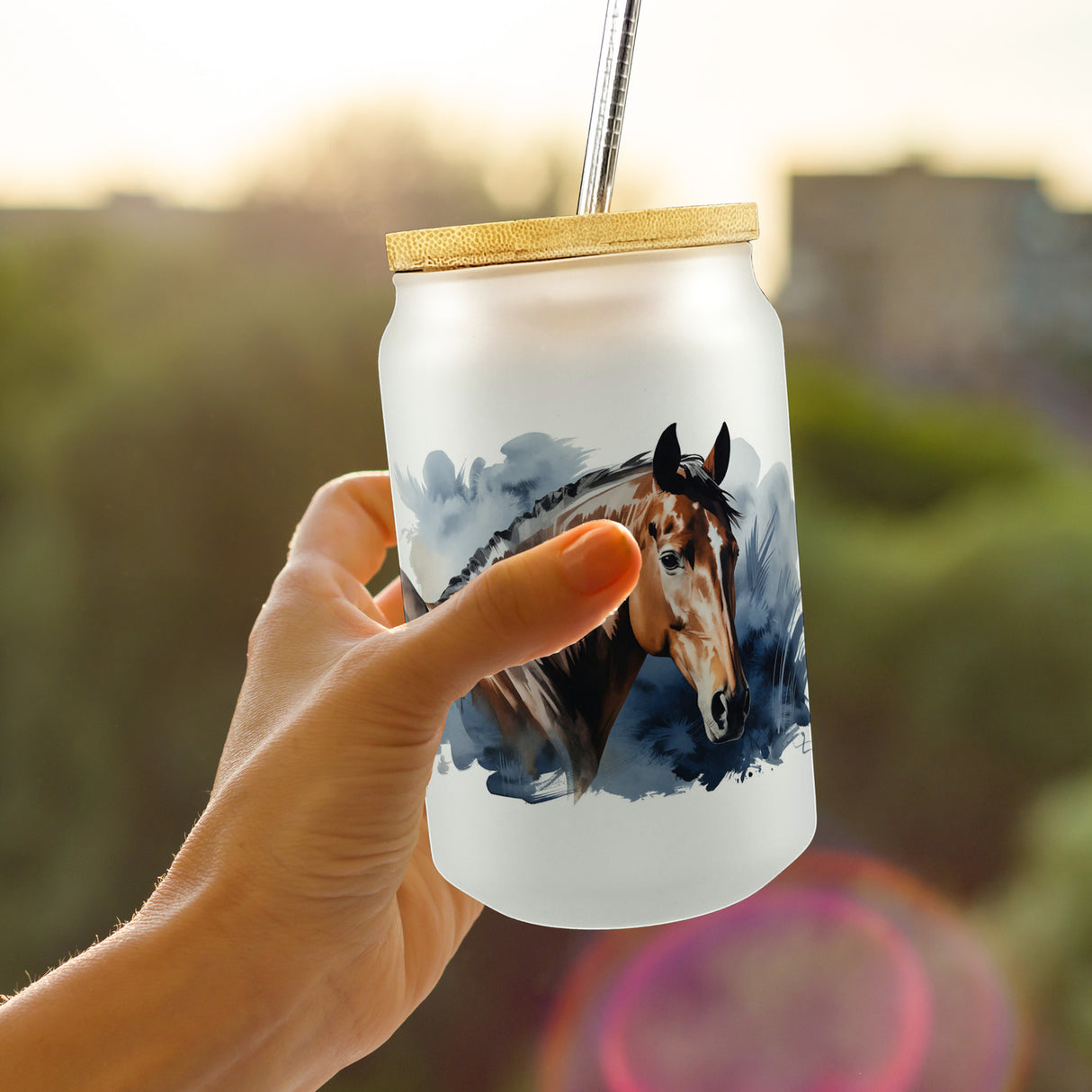 Pferdekopf Aquarell Trinkglas mit Bambusdeckel für Pferdefans