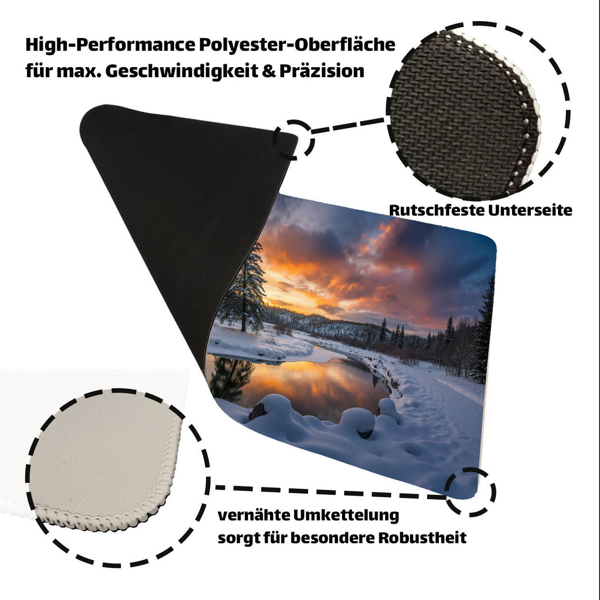 Winterlandschaft Sonnenuntergang am Fluss Schreibtischunterlage 69x31cm XXL Mauspad