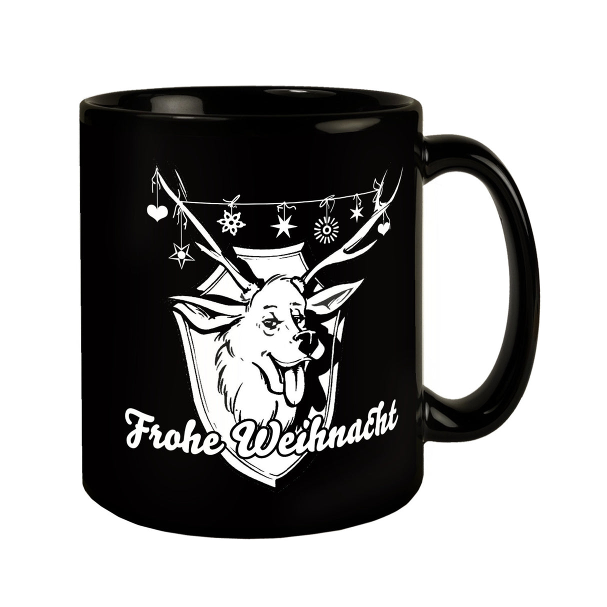 Hirschkopf Tasse in Schwarz mit Spruch: Frohe Weihnacht