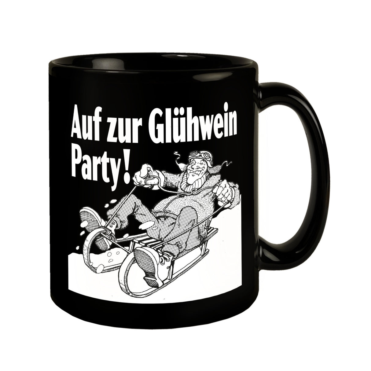 Mann auf Schlitten Tasse in Schwarz mit Spruch: Auf zur Glühwein Party