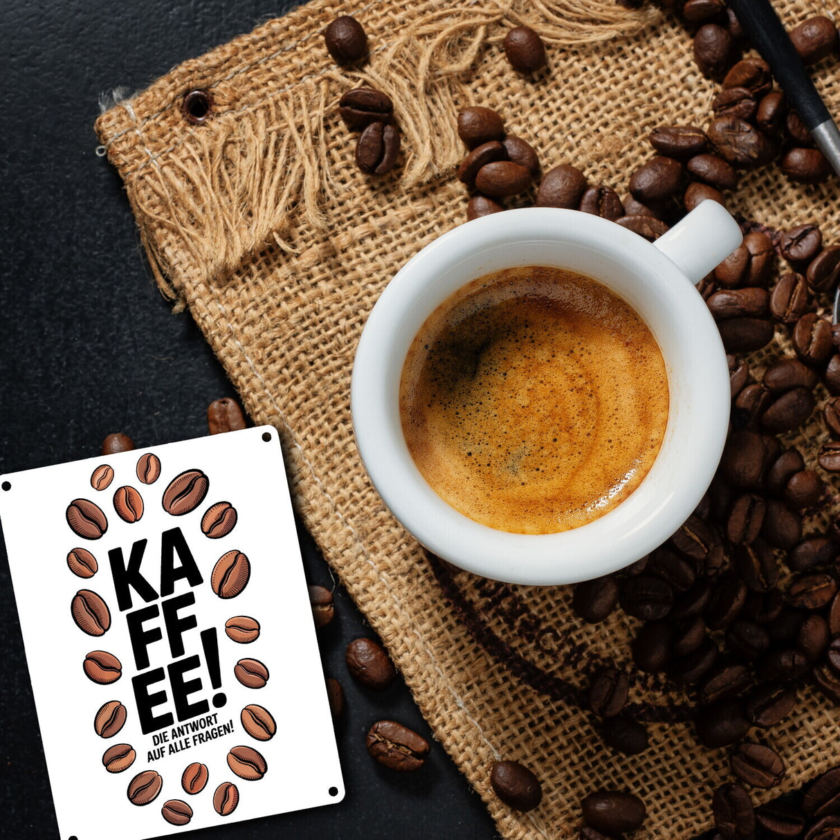 KAFFEE - die Antwort auf alle Fragen Metallschild in 15x20 cm für Koffeinjunkies