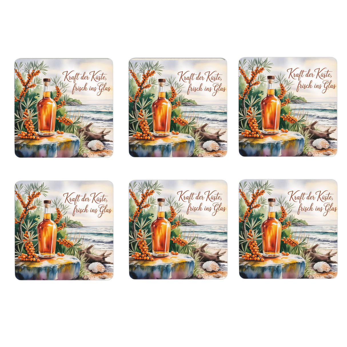 Ostsee Sanddornlikör 6er Set Untersetzer aus Holz - Kraft der Küste, frisch ins Glas