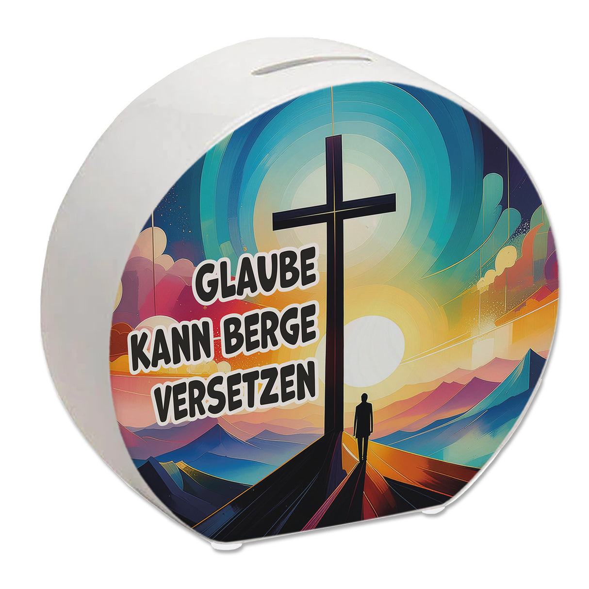 Gipfelkreuz Spardose mit Spruch: Glaube kann Berge versetzen