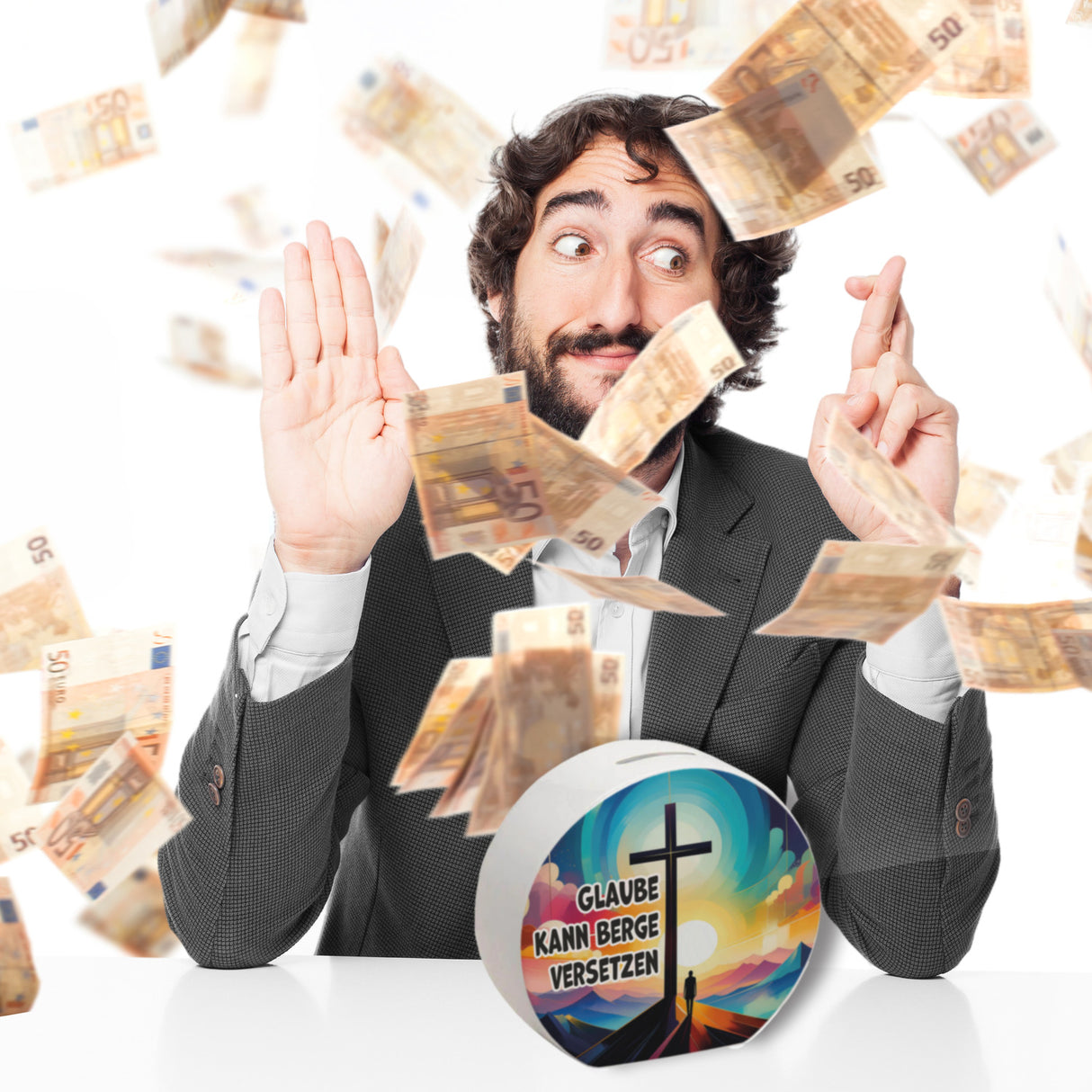 Gipfelkreuz Spardose mit Spruch: Glaube kann Berge versetzen