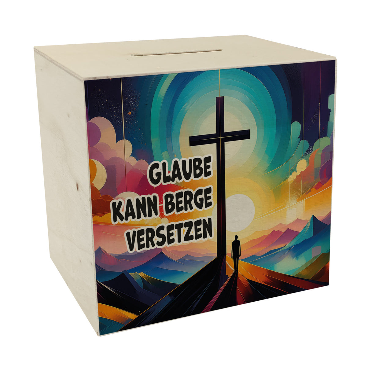 Gipfelkreuz Spardose mit Spruch: Glaube kann Berge versetzen