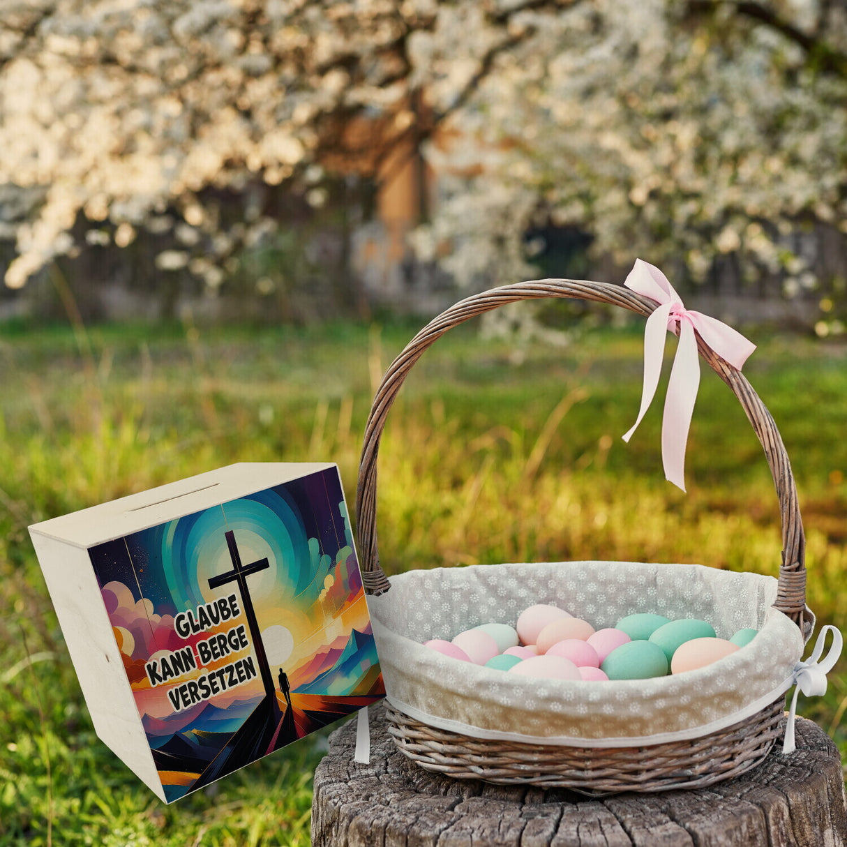 Gipfelkreuz Spardose mit Spruch: Glaube kann Berge versetzen