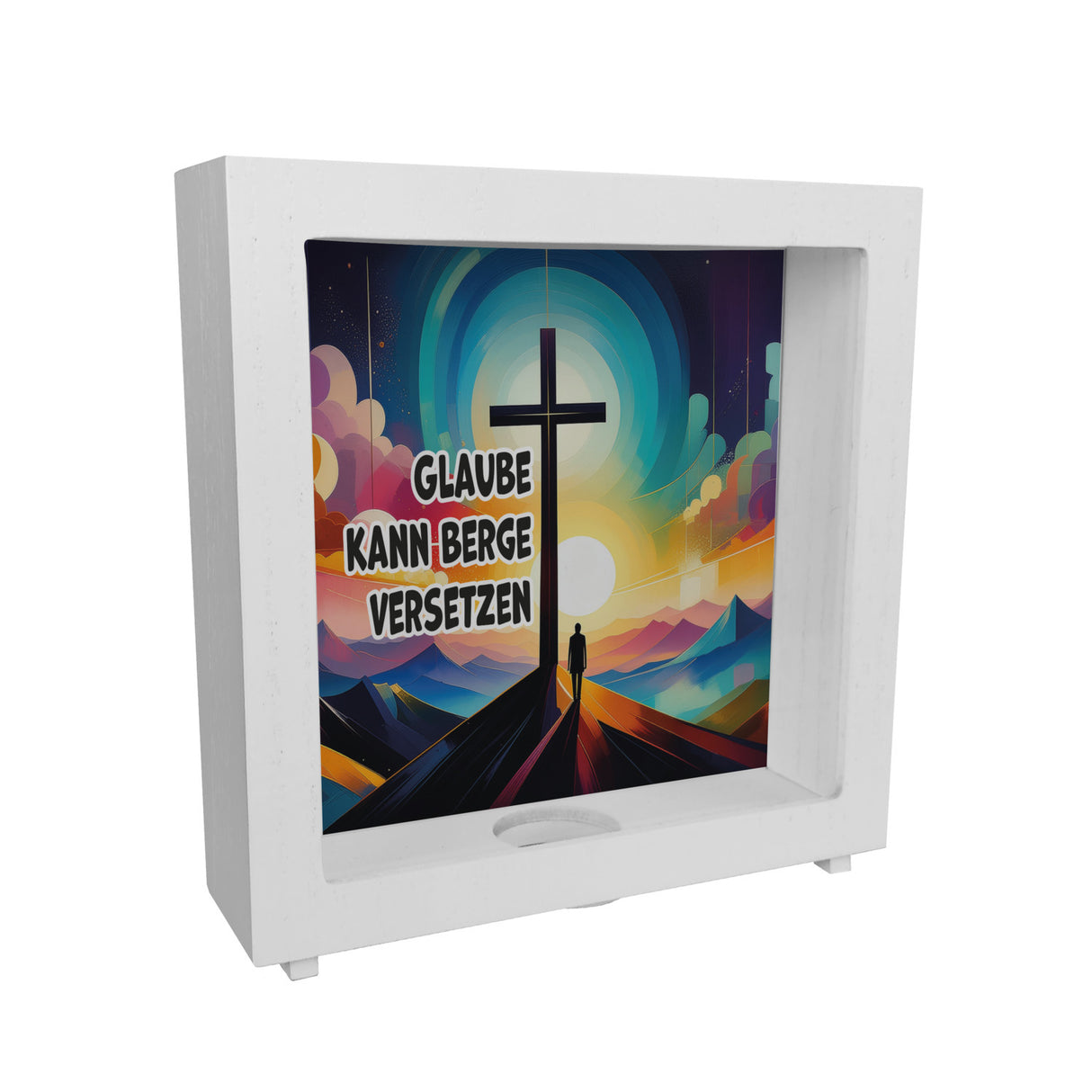 Gipfelkreuz Spardose mit Spruch: Glaube kann Berge versetzen