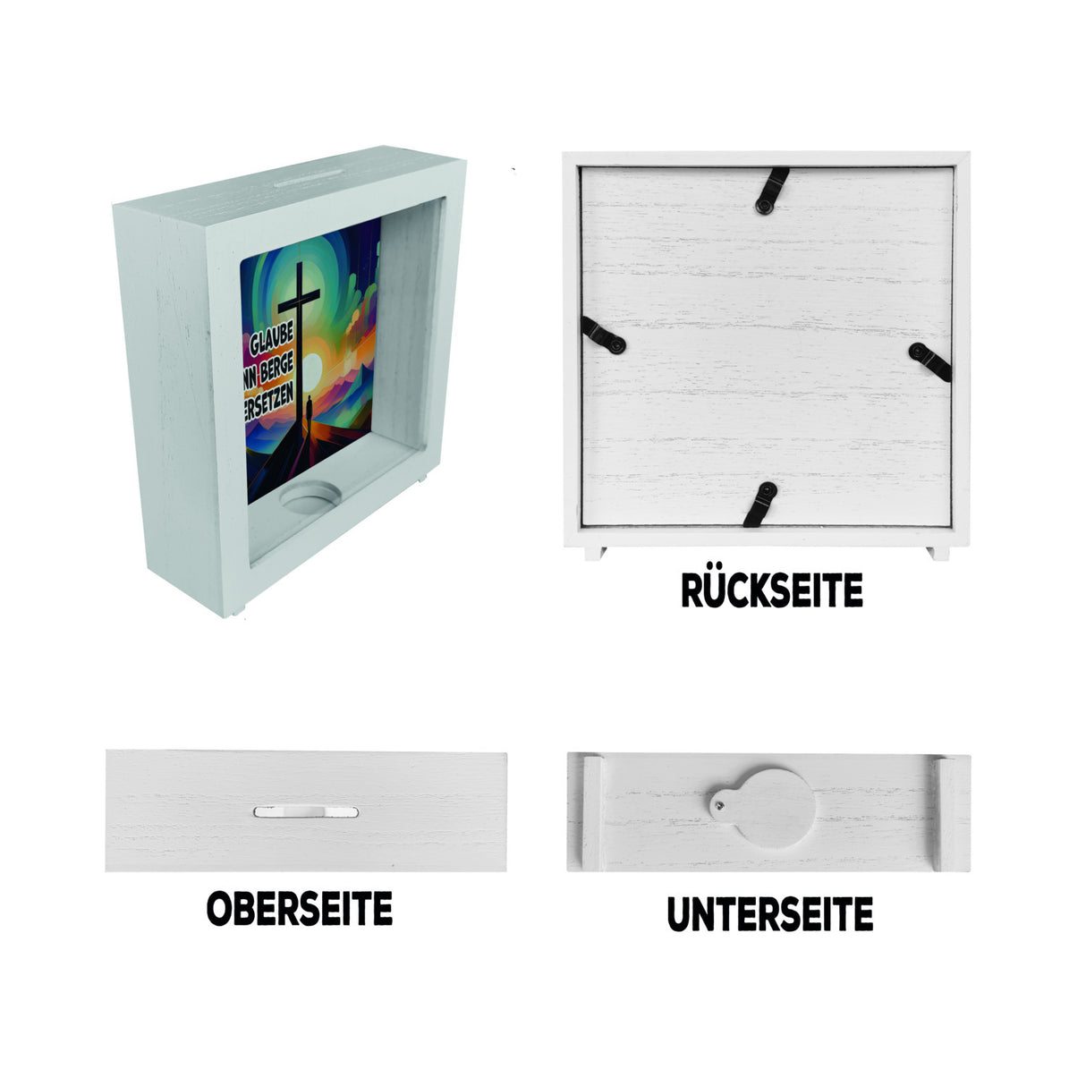 Gipfelkreuz Spardose mit Spruch: Glaube kann Berge versetzen