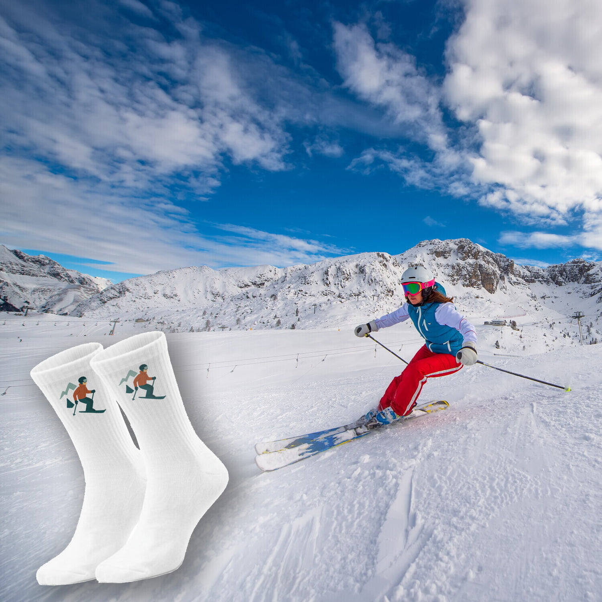 epicsocks Alpine Dreams Skifahrer Rot Socken in 37-41 im Paar