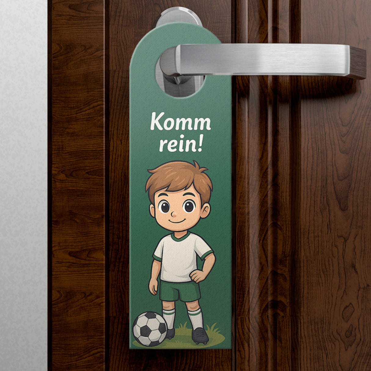 Junge mit Fußball Bleib draußen! Komm rein! Türhänger