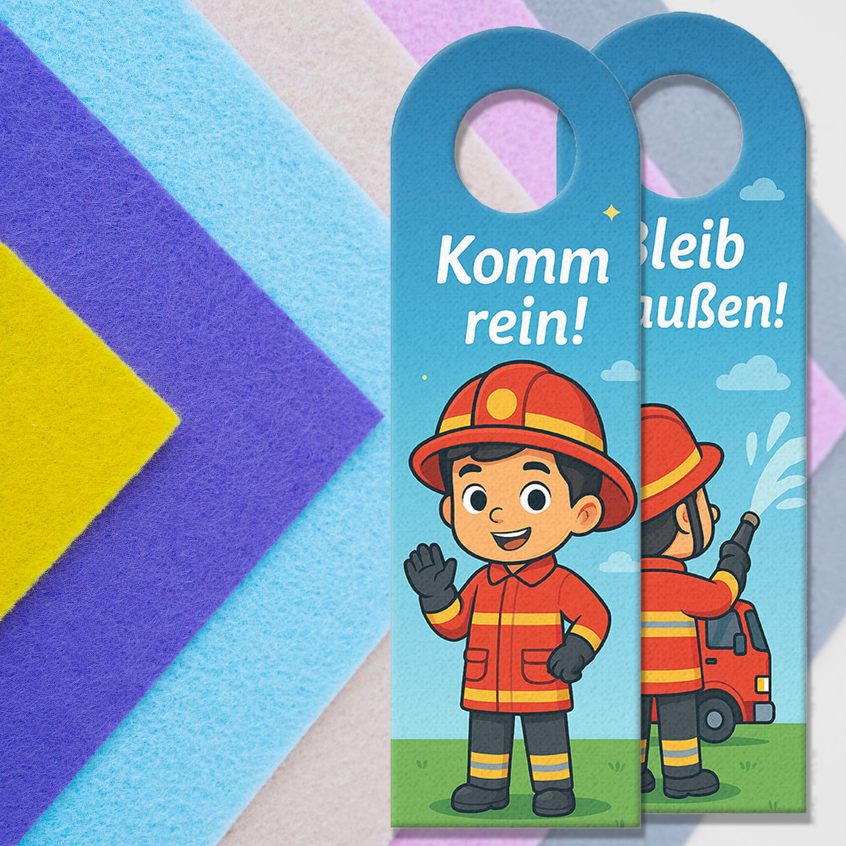 Feuerwehrmann Cartoon Bleib draußen! Komm rein! Türhänger mit Spruch für Kinder