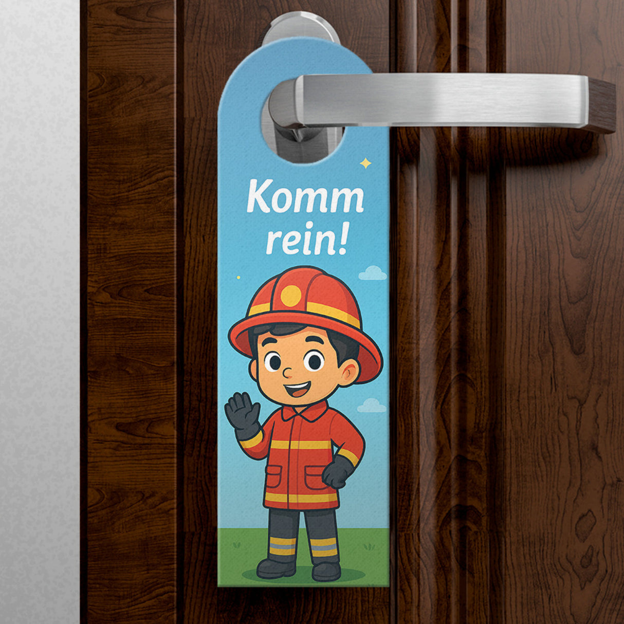 Feuerwehrmann Cartoon Bleib draußen! Komm rein! Türhänger mit Spruch für Kinder
