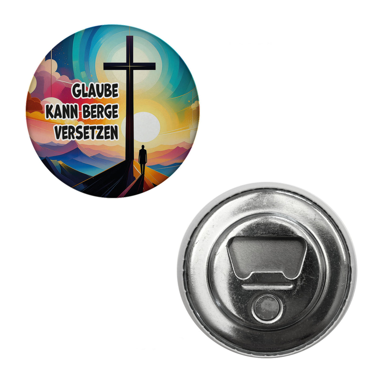 Berg mit Kreuz Magnet rund mit Spruch: Der Glaube kann Berge versetzen