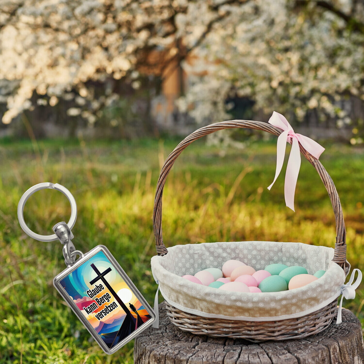 Berg mit Kreuz Schlüsselanhänger mit Spruch: Glaube kann Berge versetzen