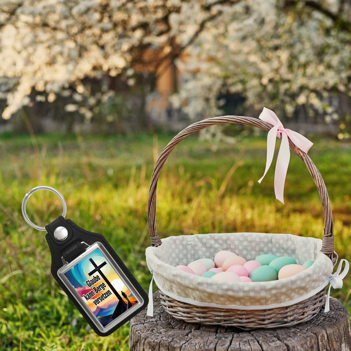 Berg mit Kreuz Schlüsselanhänger mit Spruch: Glaube kann Berge versetzen