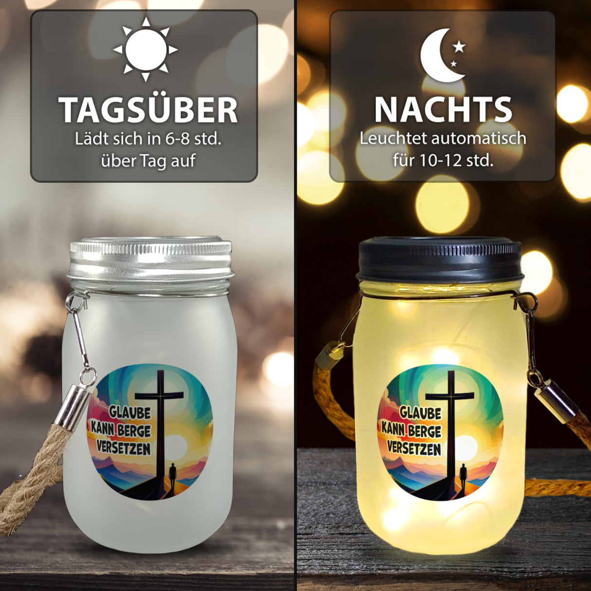 Berg mit Kreuz Solarlicht mit Spruch: Glaube kann Berge versetzen