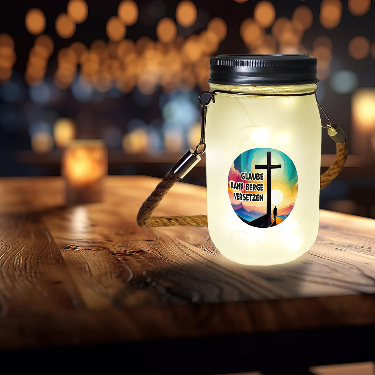 Berg mit Kreuz Solarlicht mit Spruch: Glaube kann Berge versetzen