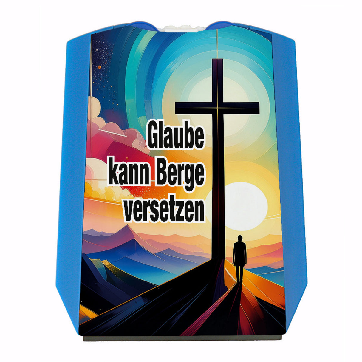 Berg mit Kreuz Parkscheibe mit Spruch: Glaube kann Berge versetzen