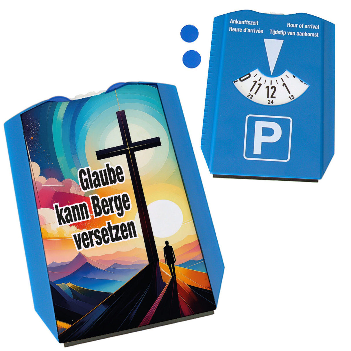 Berg mit Kreuz Parkscheibe mit Spruch: Glaube kann Berge versetzen