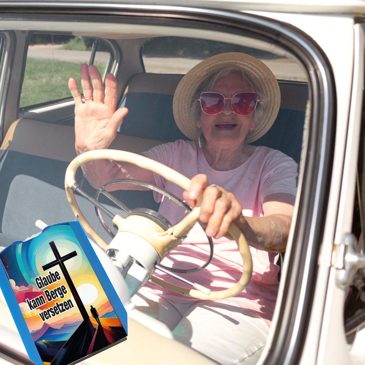 Berg mit Kreuz Parkscheibe mit Spruch: Glaube kann Berge versetzen