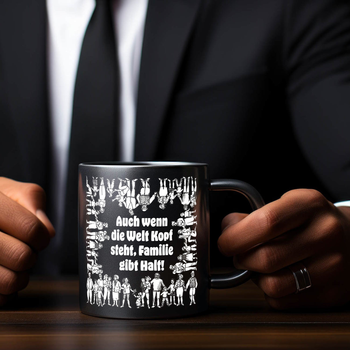 Familie Tasse in Schwarz mit Spruch: Familie gibt Halt, egal was passiert!