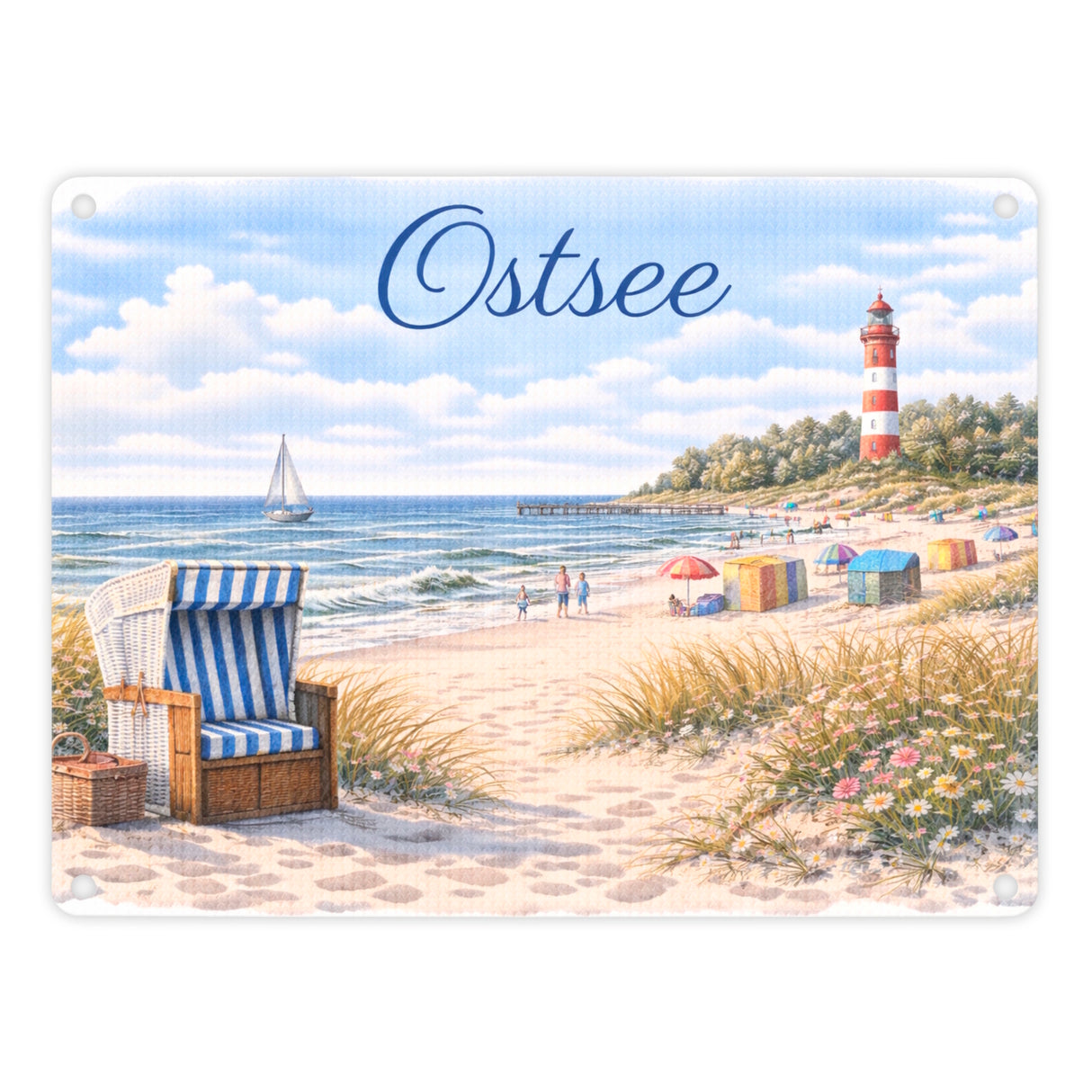 Strandszene Ostsee Metallschild in 15x20 cm mit Leuchtturm und Strandkorb