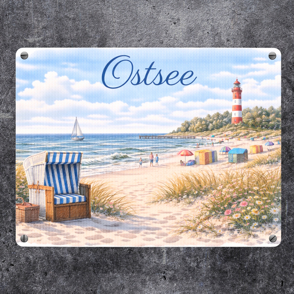 Strandszene Ostsee Metallschild in 15x20 cm mit Leuchtturm und Strandkorb