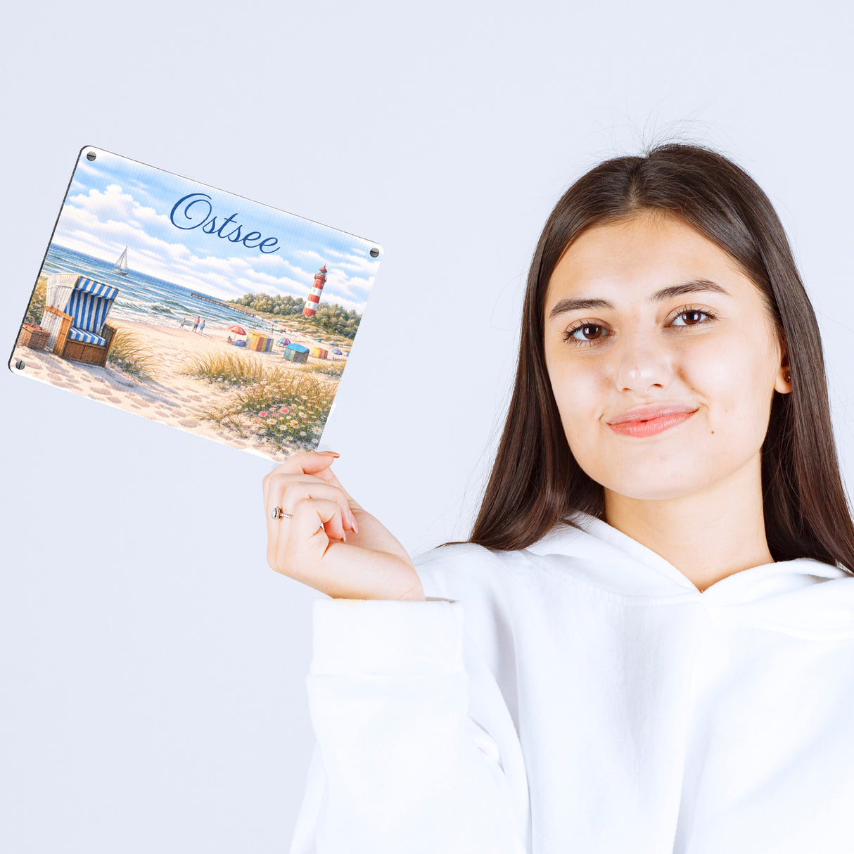 Strandszene Ostsee Metallschild in 15x20 cm mit Leuchtturm und Strandkorb