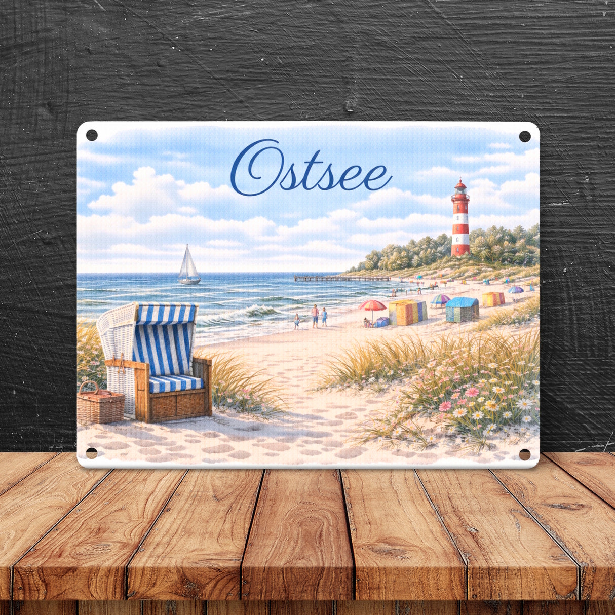 Strandszene Ostsee Metallschild in 15x20 cm mit Leuchtturm und Strandkorb