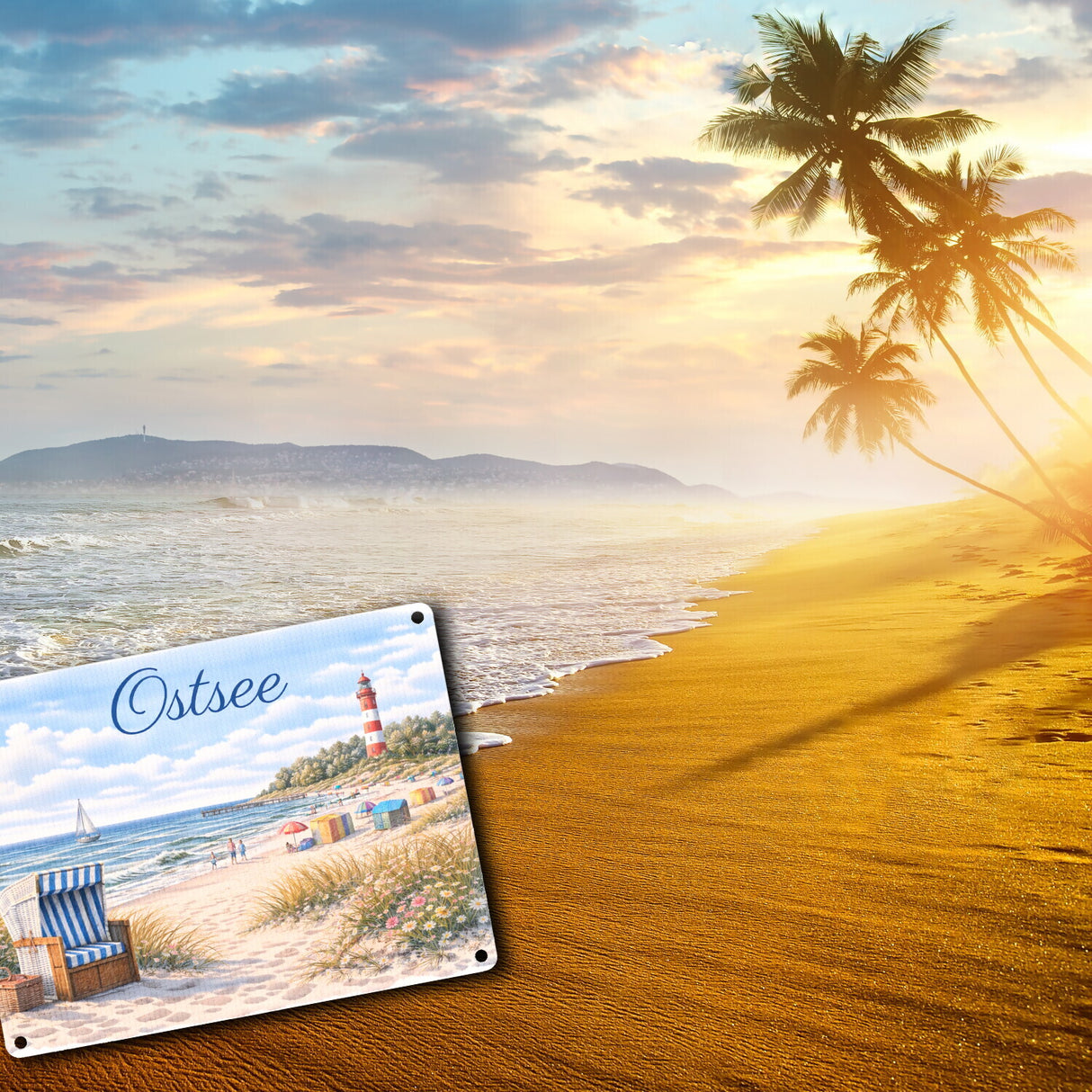 Strandszene Ostsee Metallschild in 15x20 cm mit Leuchtturm und Strandkorb