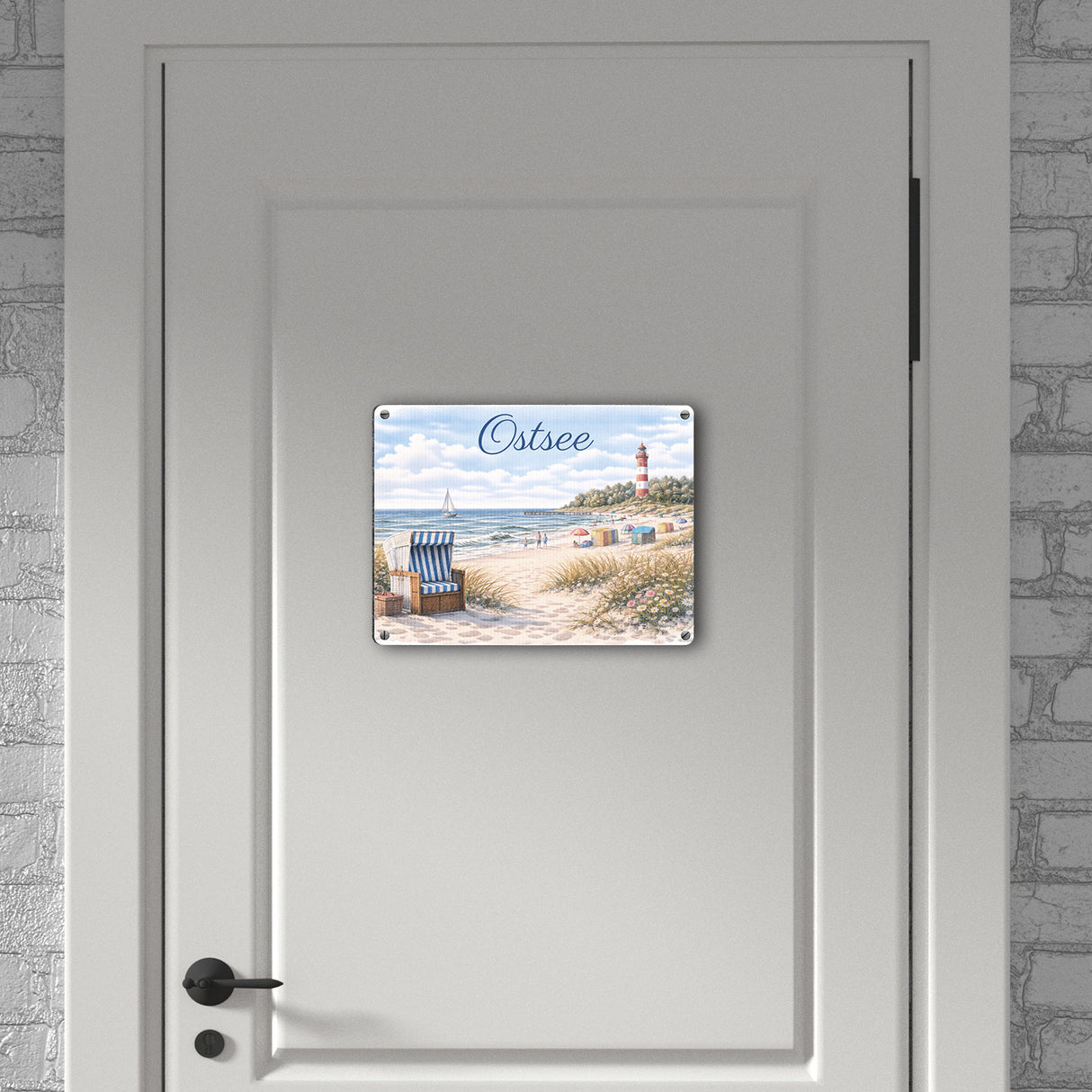 Strandszene Ostsee Metallschild in 15x20 cm mit Leuchtturm und Strandkorb