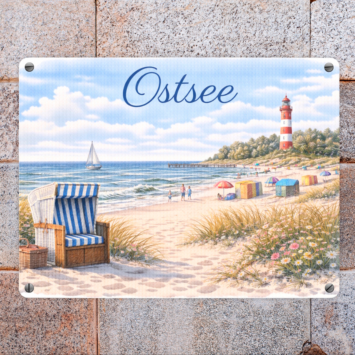 Strandszene Ostsee Metallschild in 15x20 cm mit Leuchtturm und Strandkorb