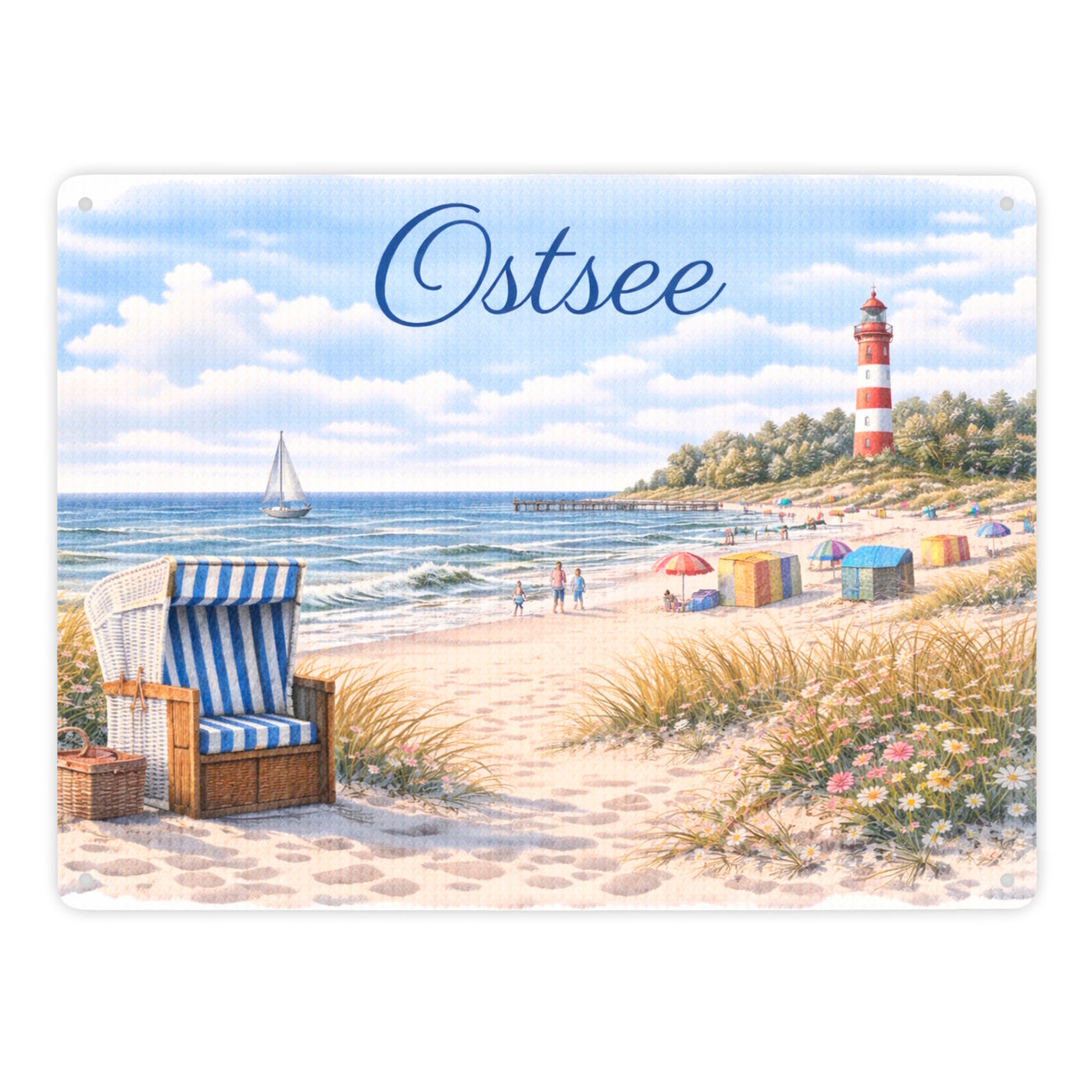 Strandszene Ostsee Metallschild in 15x20 cm mit Leuchtturm und Strandkorb