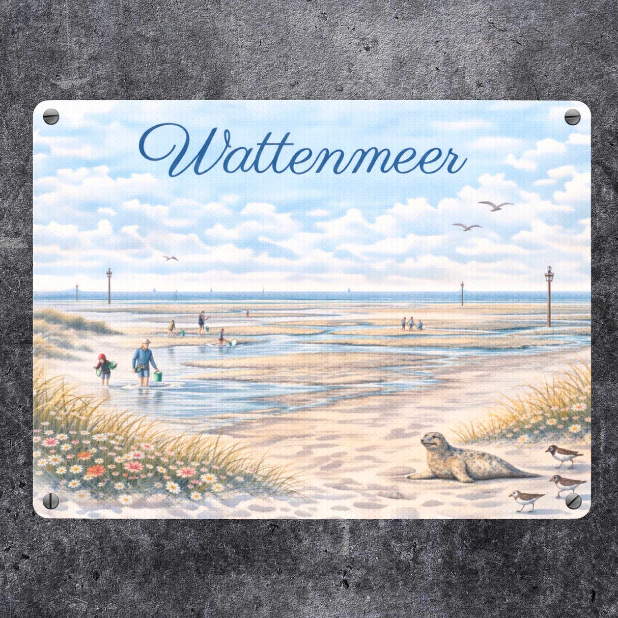 Wattenmeer Möwen Küstenszenario Metallschild in 15x20 cm