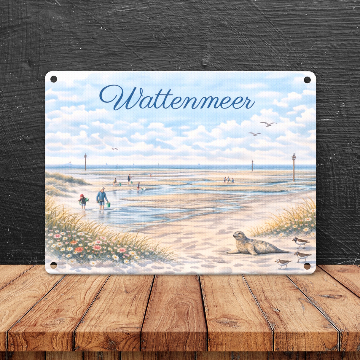 Wattenmeer Möwen Küstenszenario Metallschild in 15x20 cm