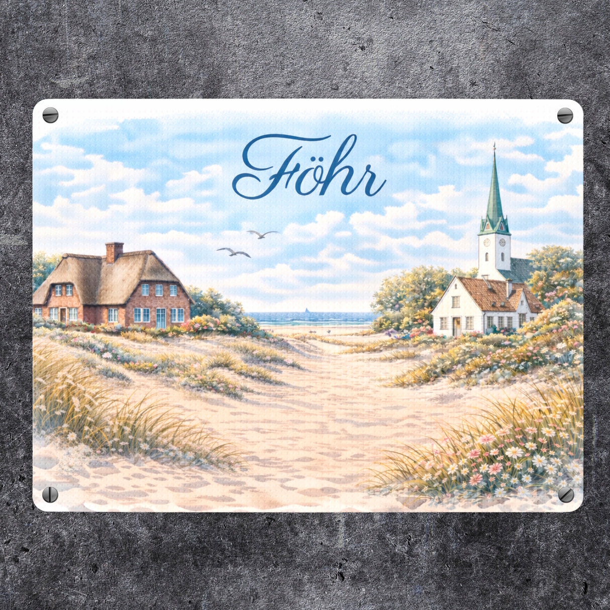 Küstenlandschaft Föhr Souvenir Metallschild in 15x20 cm mit Kirche