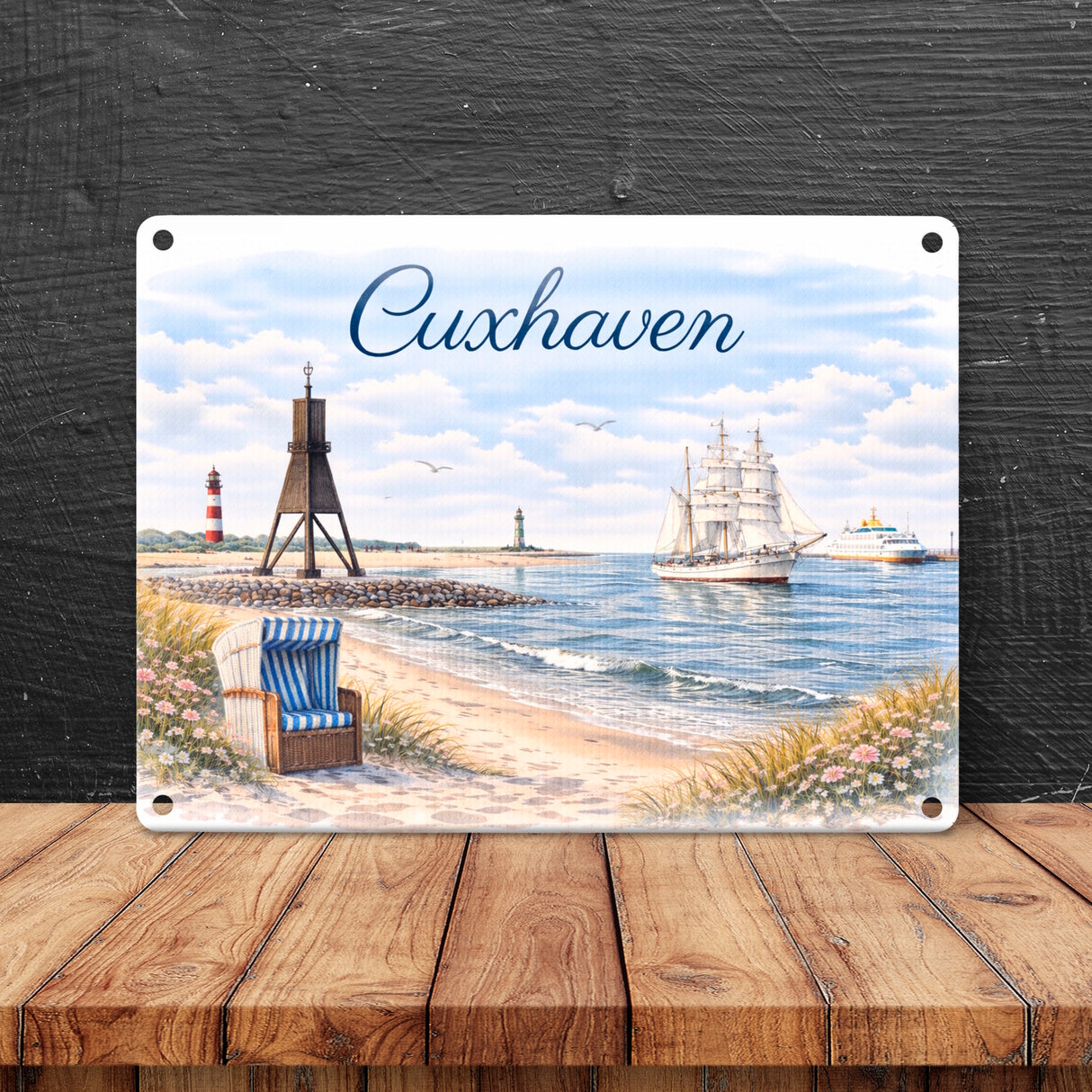 Cuxhaven Strandkorb Segelschiff Metallschild in 15x20 cm