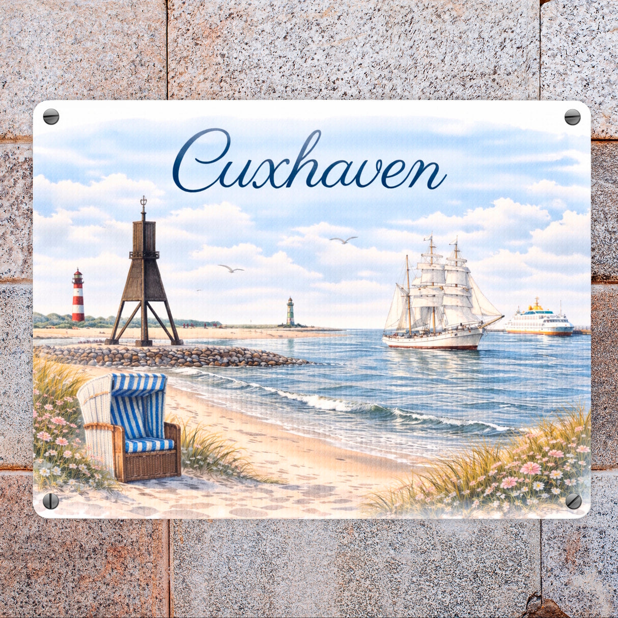 Cuxhaven Strandkorb Segelschiff Metallschild in 15x20 cm
