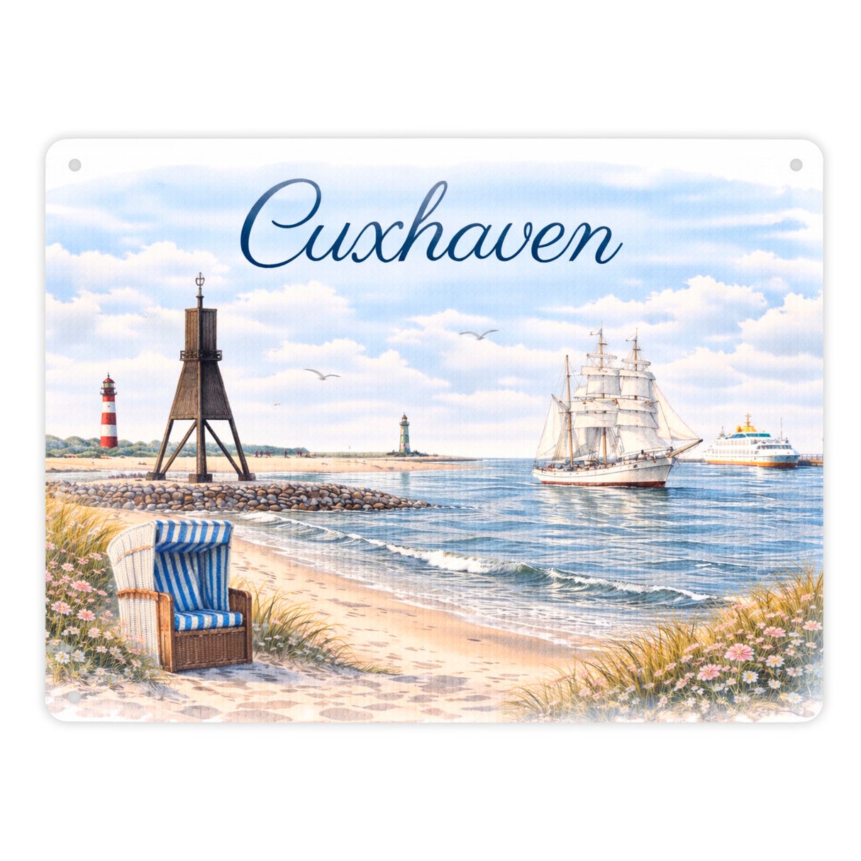 Cuxhaven Strandkorb Segelschiff Metallschild in 15x20 cm