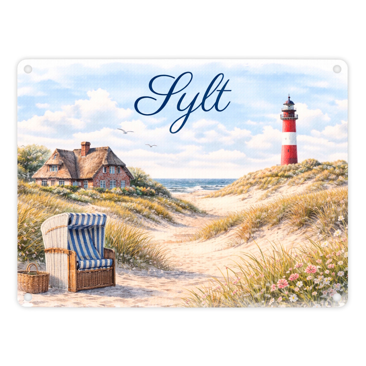 Strandkorb Sylt Metallschild in 15x20 cm Leuchtturm Motiv