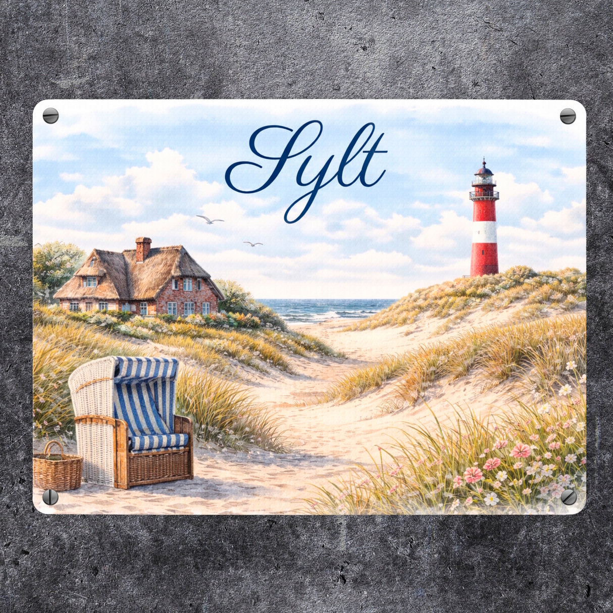 Strandkorb Sylt Metallschild in 15x20 cm Leuchtturm Motiv