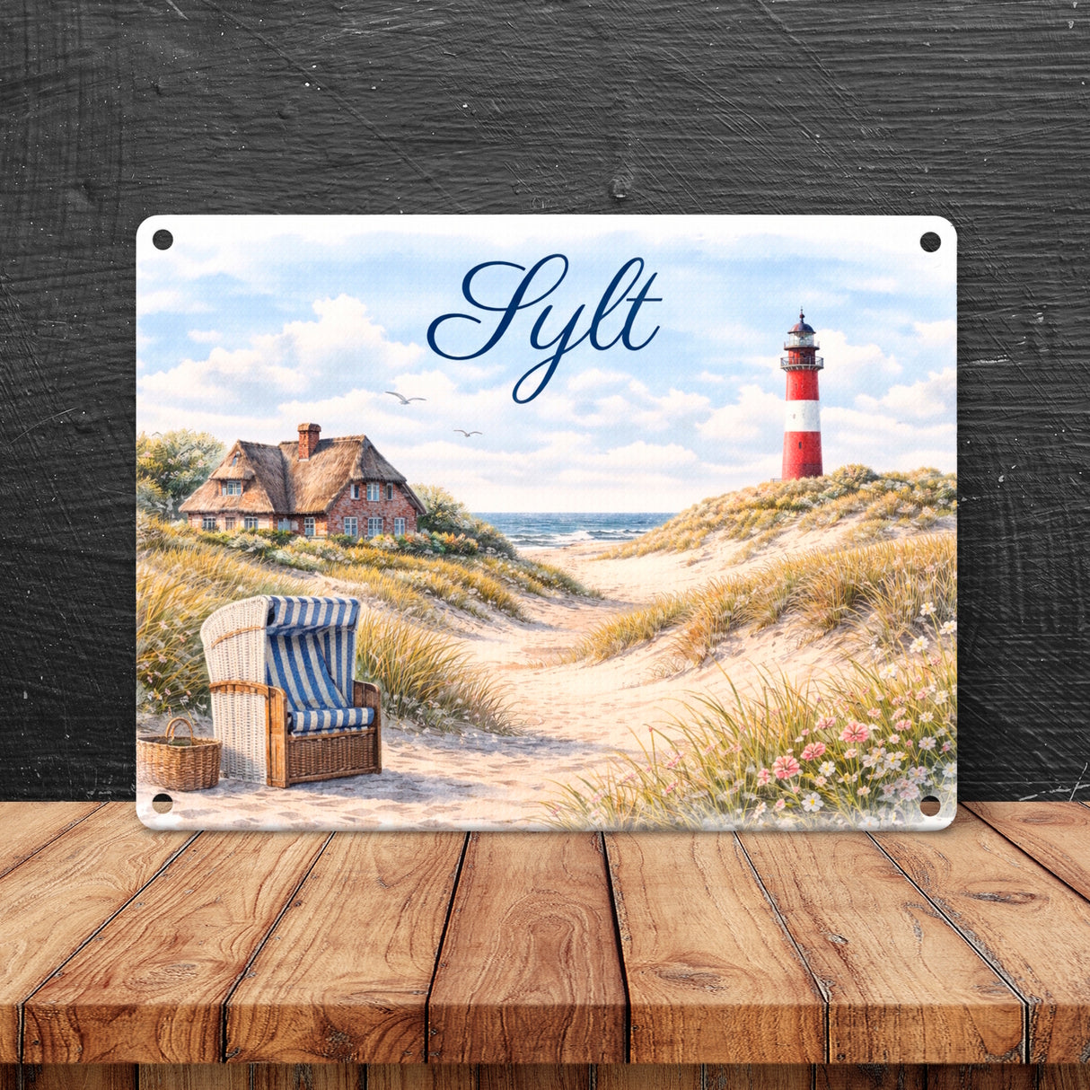 Strandkorb Sylt Metallschild in 15x20 cm Leuchtturm Motiv